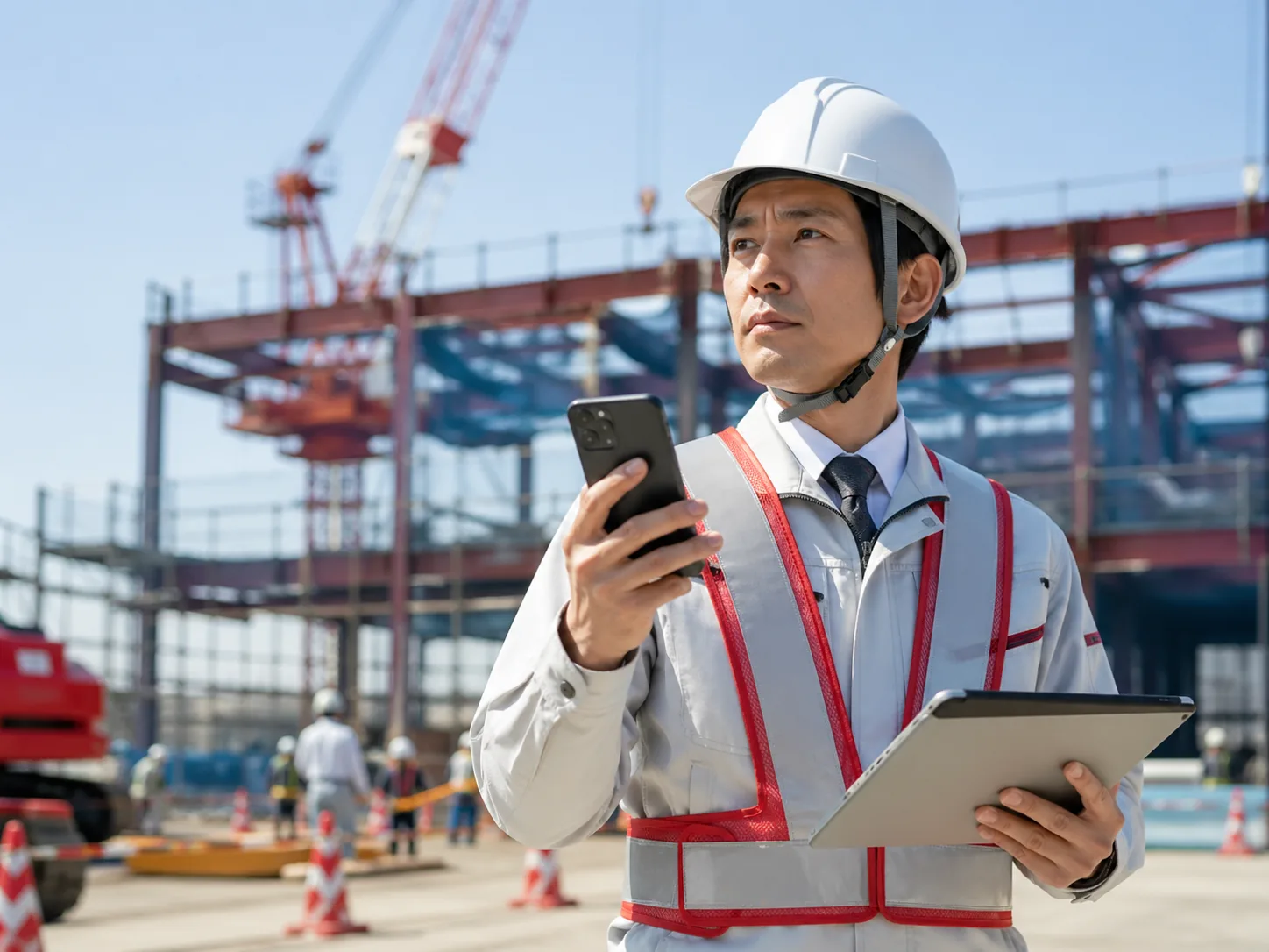 建設現場でスマートフォンを使う担当者