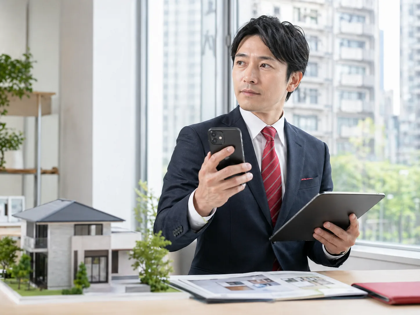 不動産オフィスでスマートフォンを使う担当者